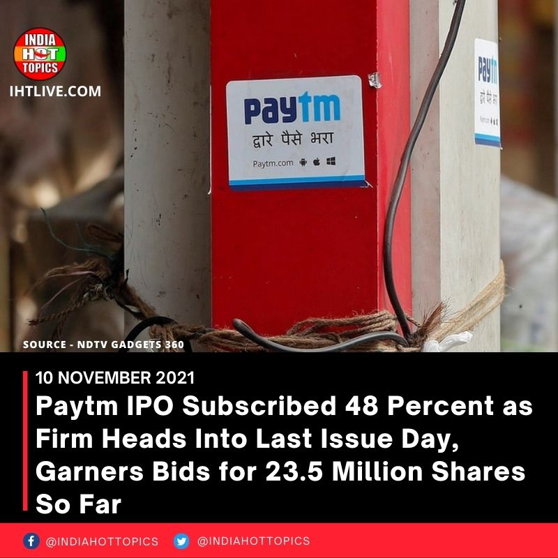 Paytm IPO Subscribed 48 Percent as Firm Heads Into Last Issue Day, Garners Bids for 23.5 Million Shares So Far