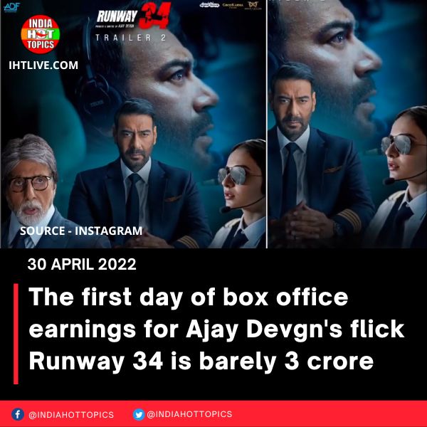The first day of box office earnings for Ajay Devgn’s flick Runway 34 is barely 3 crore